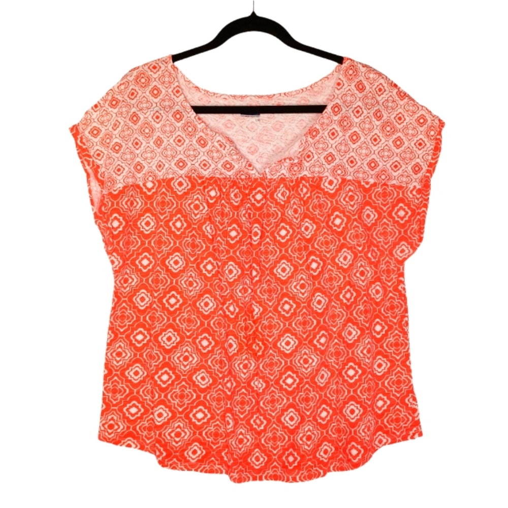 BASIC EDITIONS Orange White Print Short Sleeve Top Large